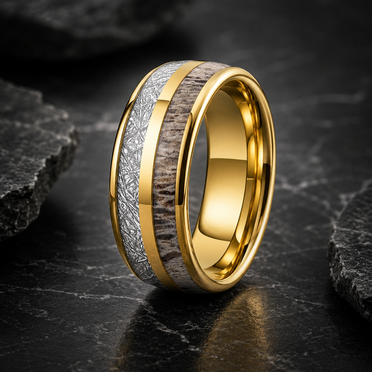 Tungsten Ring with Deer Antler & Meteorite Inlay