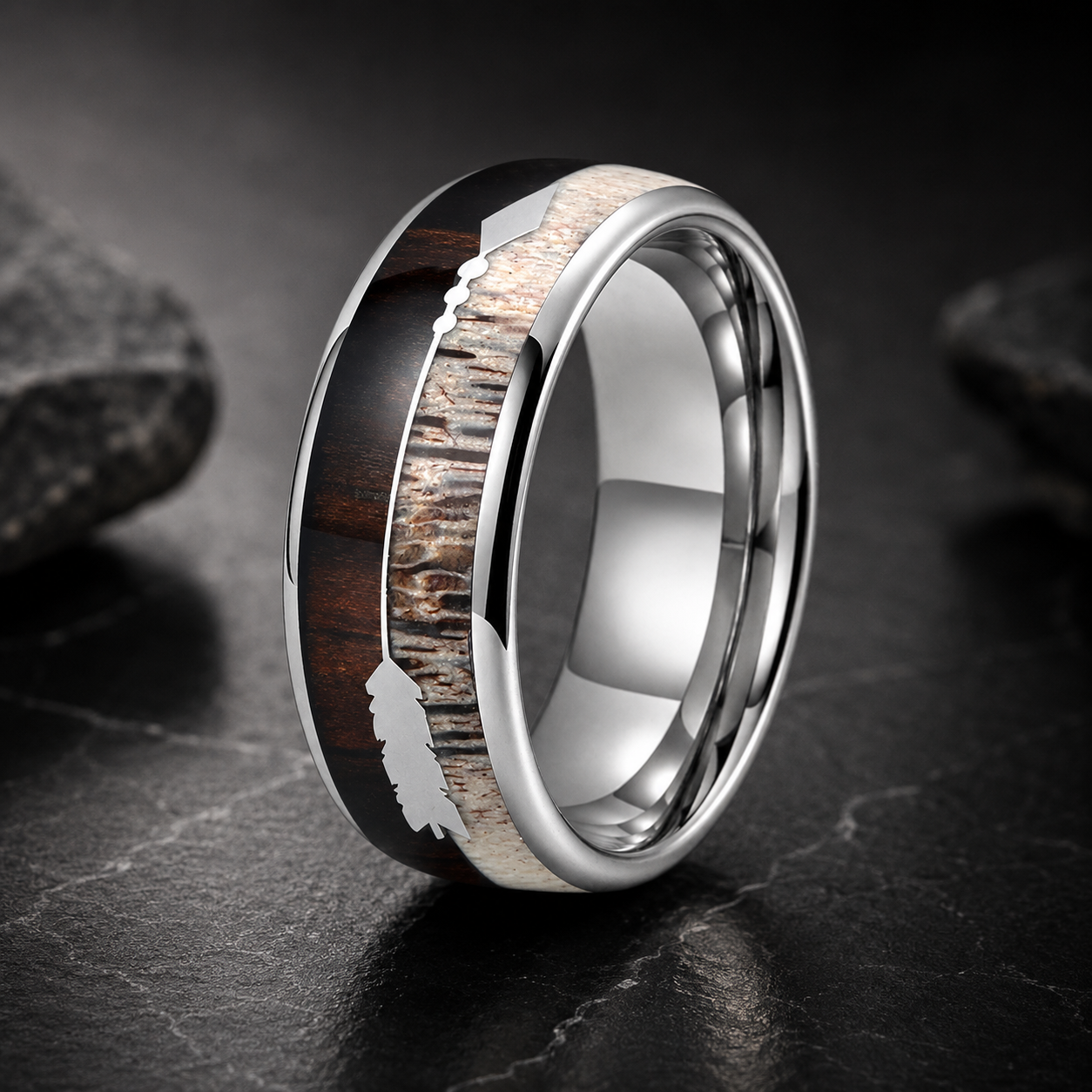 Tungsten Ring with Deer Antler & Koa Wood Arrow Inlay