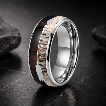 Tungsten Ring with Deer Antler & Koa Wood Arrow Inlay