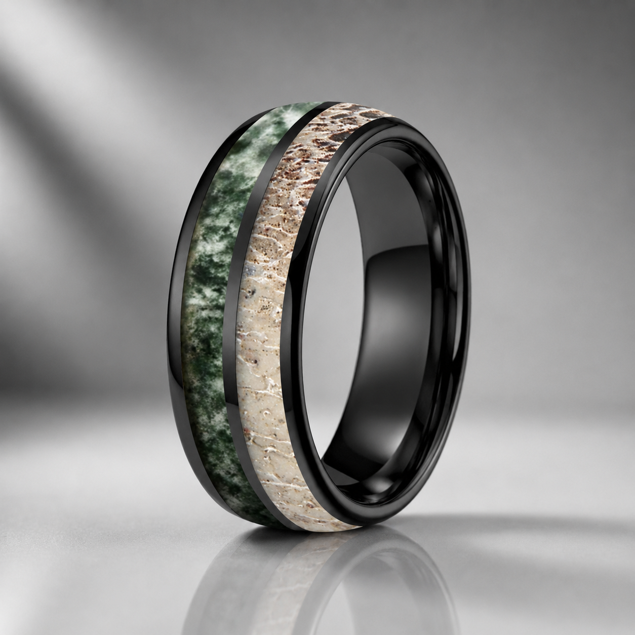 Tungsten Ring with Deer Antler & Moss Agate Inlay