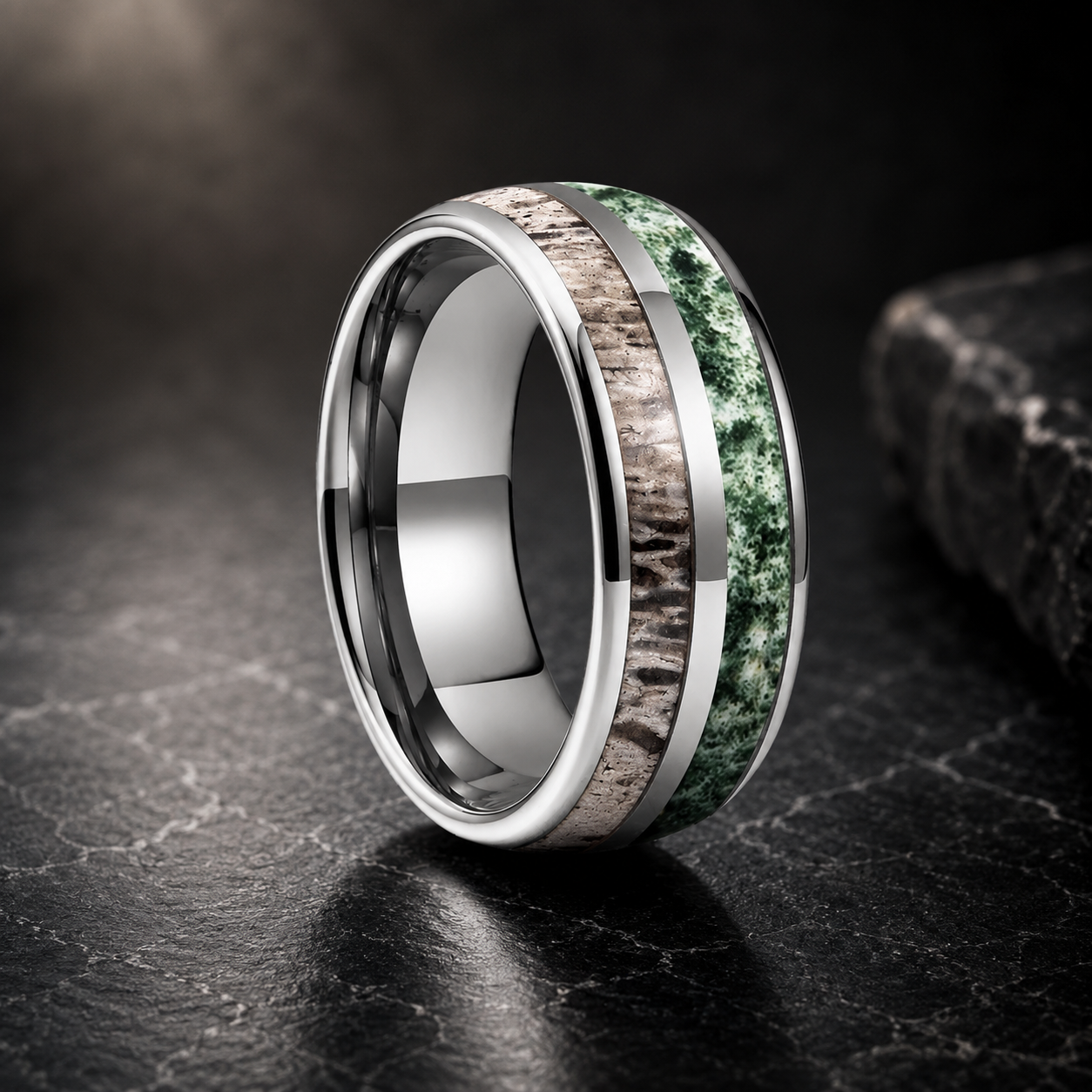 Tungsten Ring with Deer Antler & Moss Agate Inlay