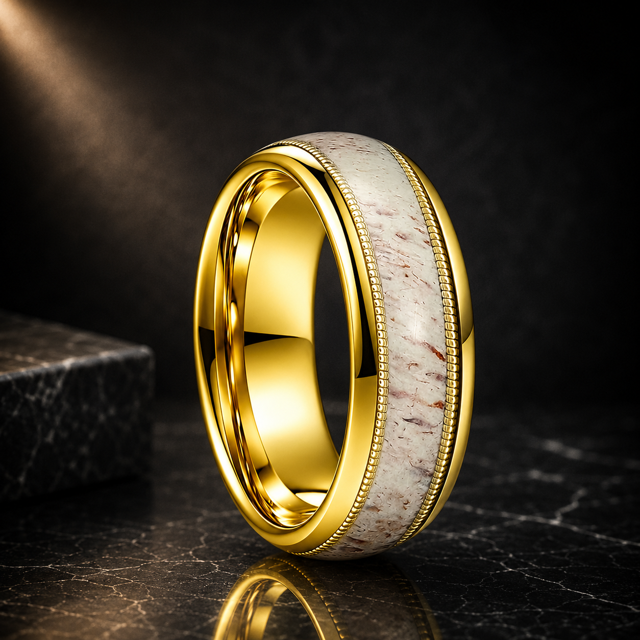 Tungsten Ring with Deer Antler and Guitar String Inlay