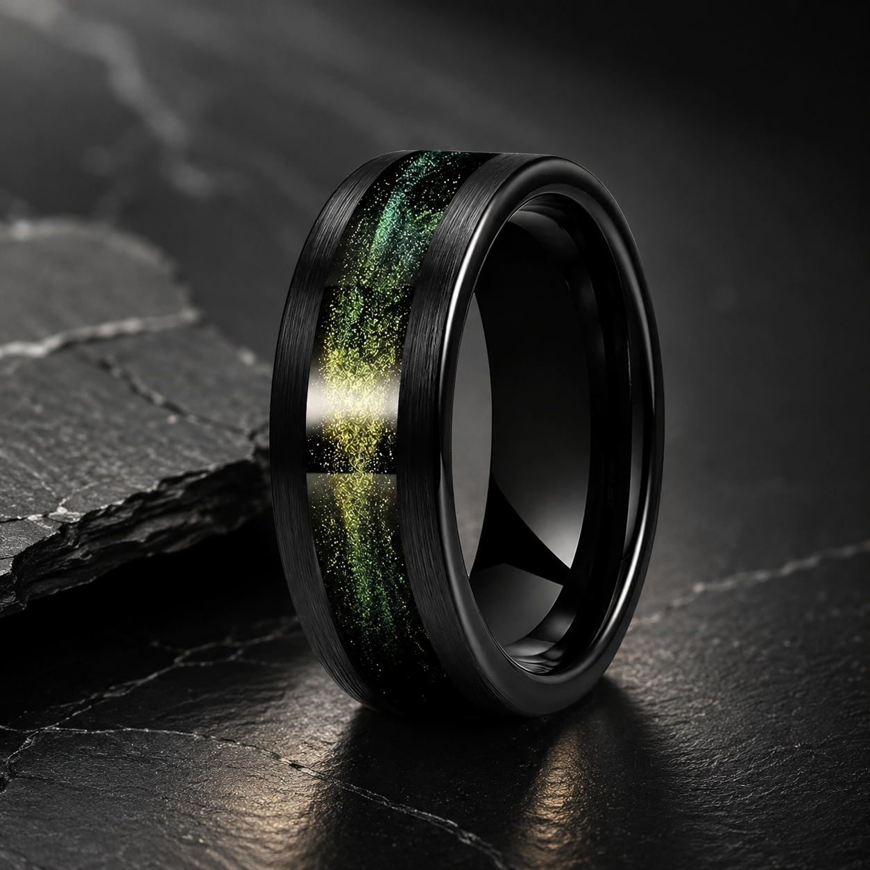 Tungsten Ring with Flowing Sand & Green Grass Agate Inlay
