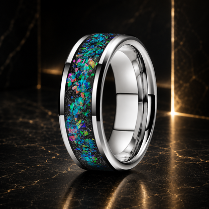 Tungsten Ring with Galaxy Iridescent Opal Inlay