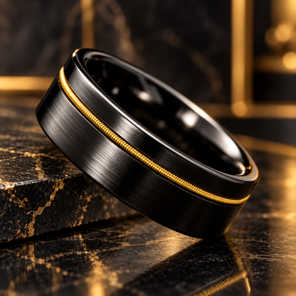 Tungsten Ring with Gold Guitar String Inlay