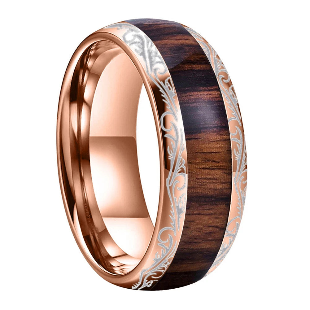 Tungsten Ring with Leaf Vein, Koa & Dark Red Wood Inlay