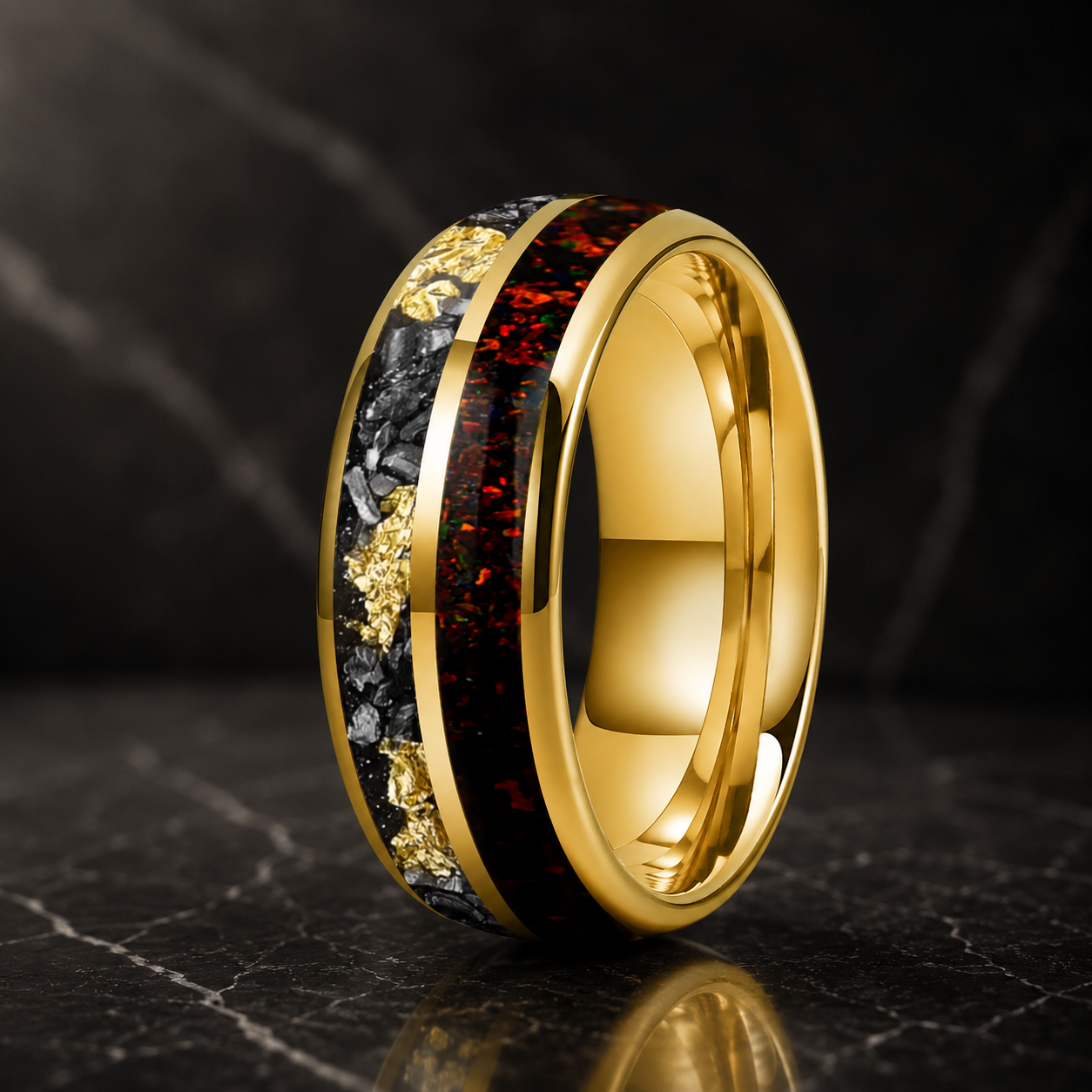 Tungsten Ring with Meteorite Gold Foil and Red Opal Inlay