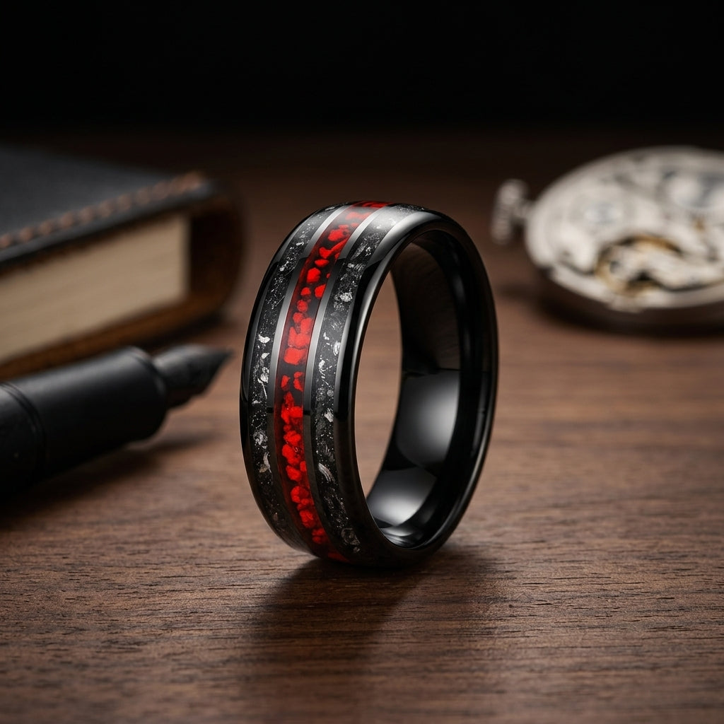 Tungsten Ring with Meteorite & Dinosaur Bone Inlay