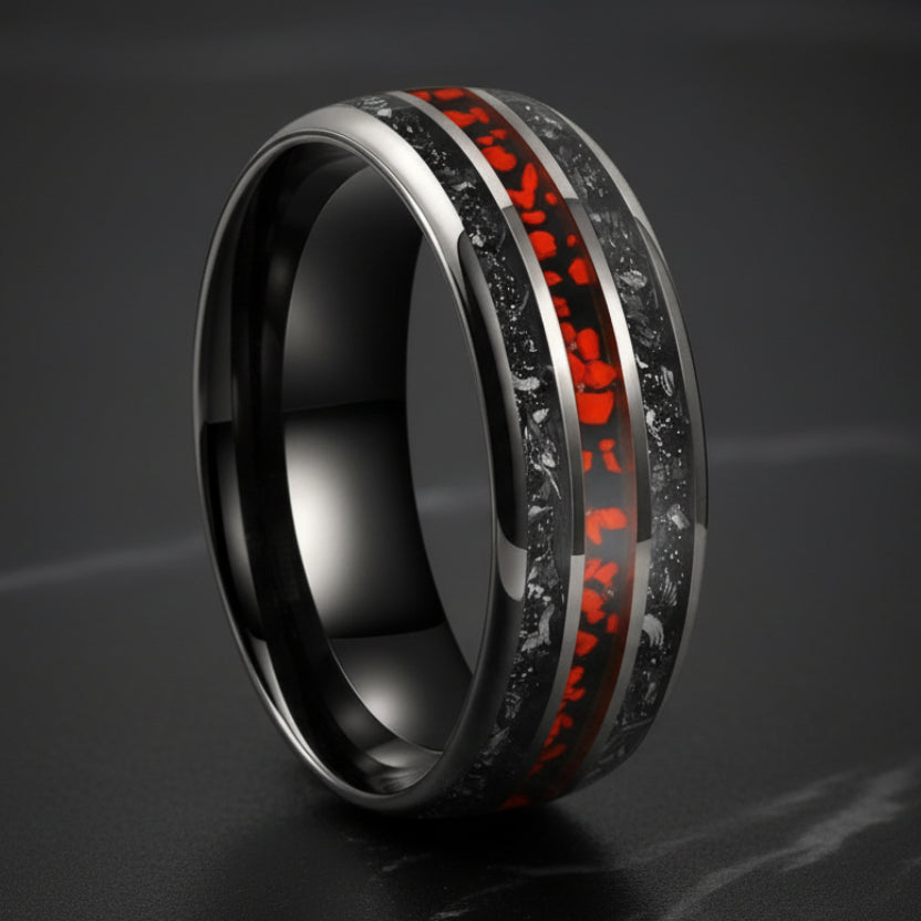 Tungsten Ring with Meteorite & Dinosaur Bone Inlay