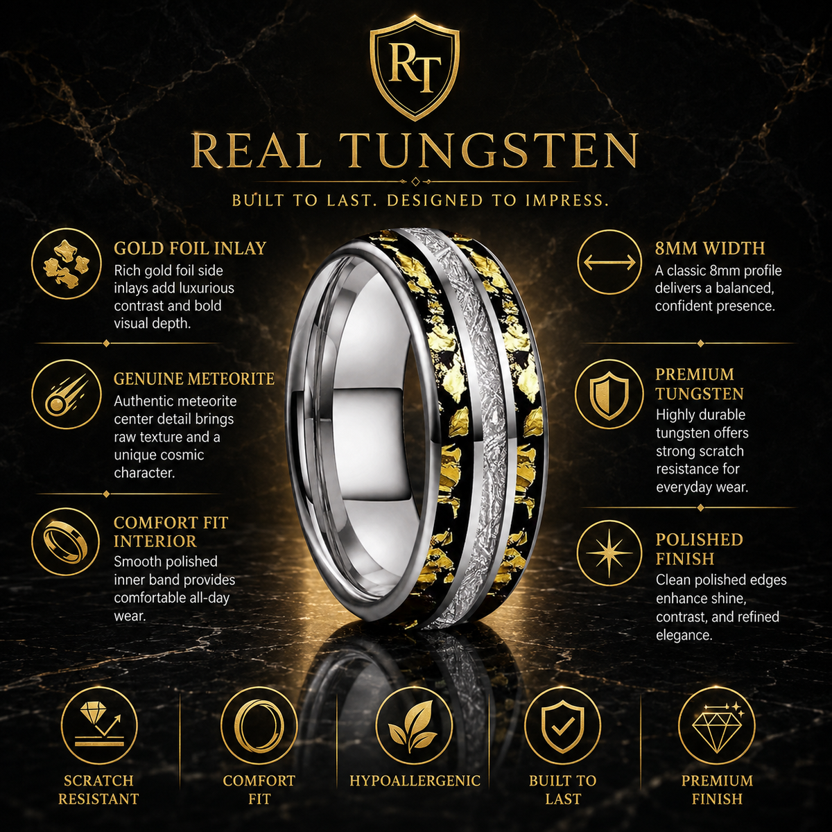 Tungsten Ring with Meteorite Gold Foil Inlay