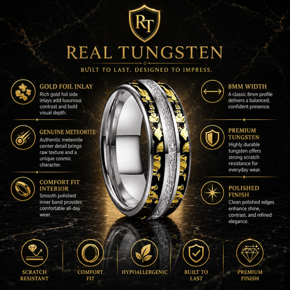 Tungsten Ring with Meteorite Gold Foil Inlay
