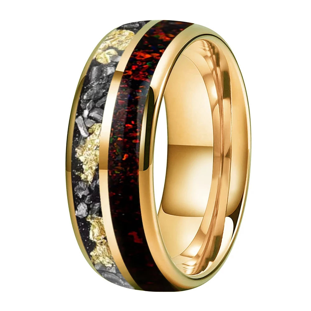 Tungsten Ring with Meteorite Gold Foil and Red Opal Inlay