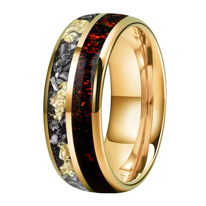 Tungsten Ring with Meteorite Gold Foil and Red Opal Inlay