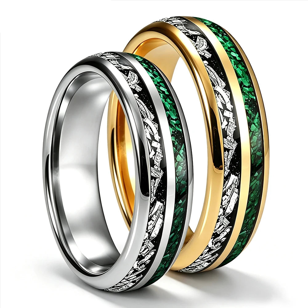 Tungsten Ring with Meteorite & Green Stone Inlay