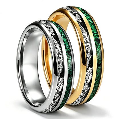 Tungsten Ring with Meteorite & Green Stone Inlay