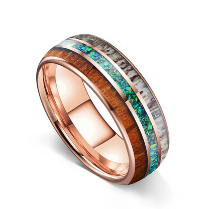 Tungsten Ring with Opal, Deer Antler and Redwood Inlay