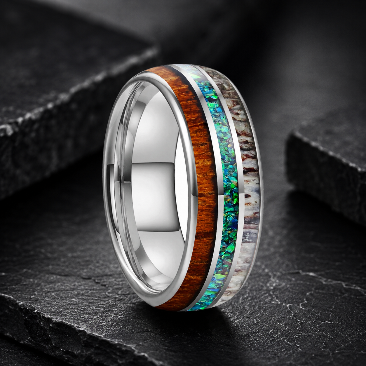 Tungsten Ring with Opal, Deer Antler and Redwood Inlay