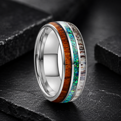 Tungsten Ring with Opal, Deer Antler and Redwood Inlay