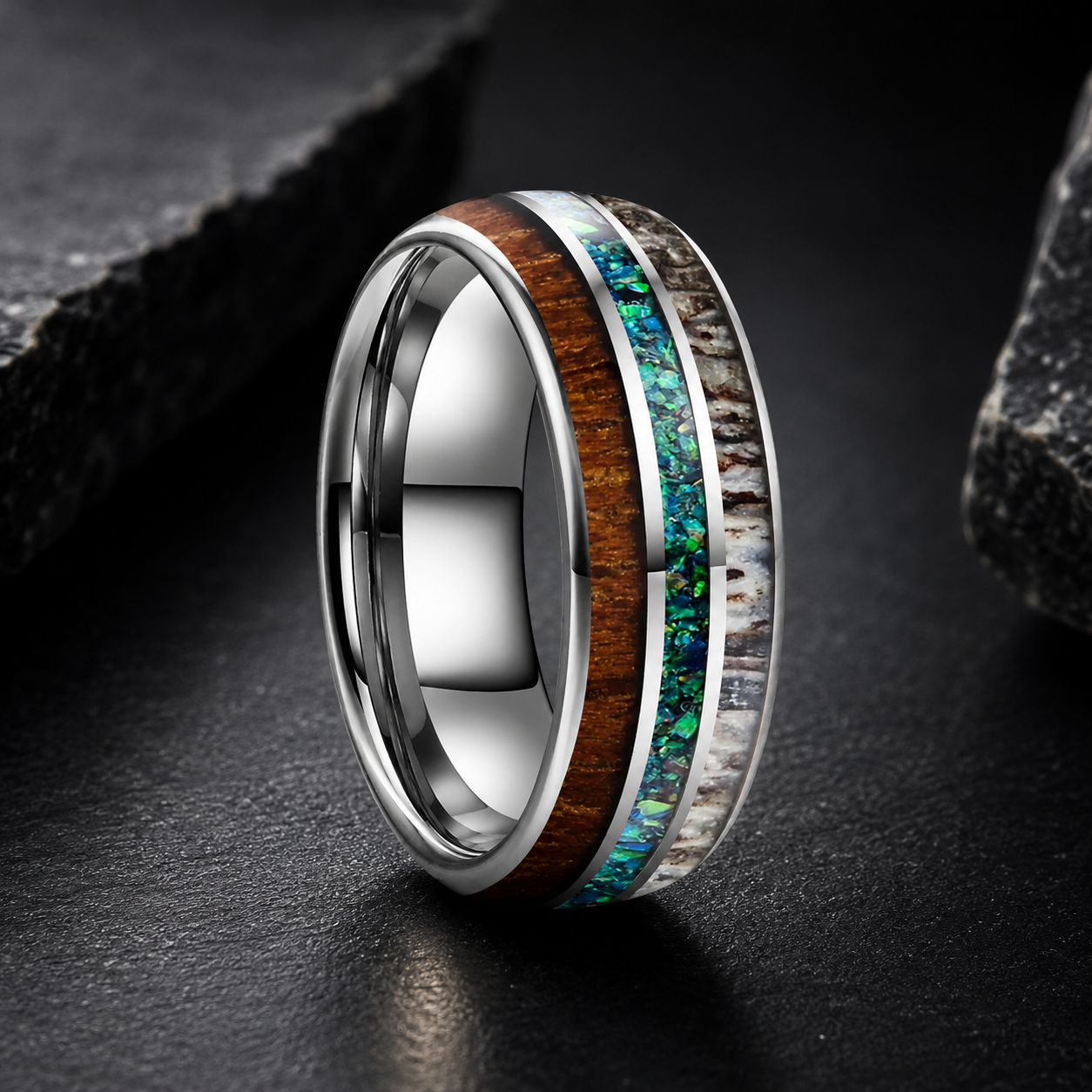 Tungsten Ring with Opal, Deer Antler and Redwood Inlay