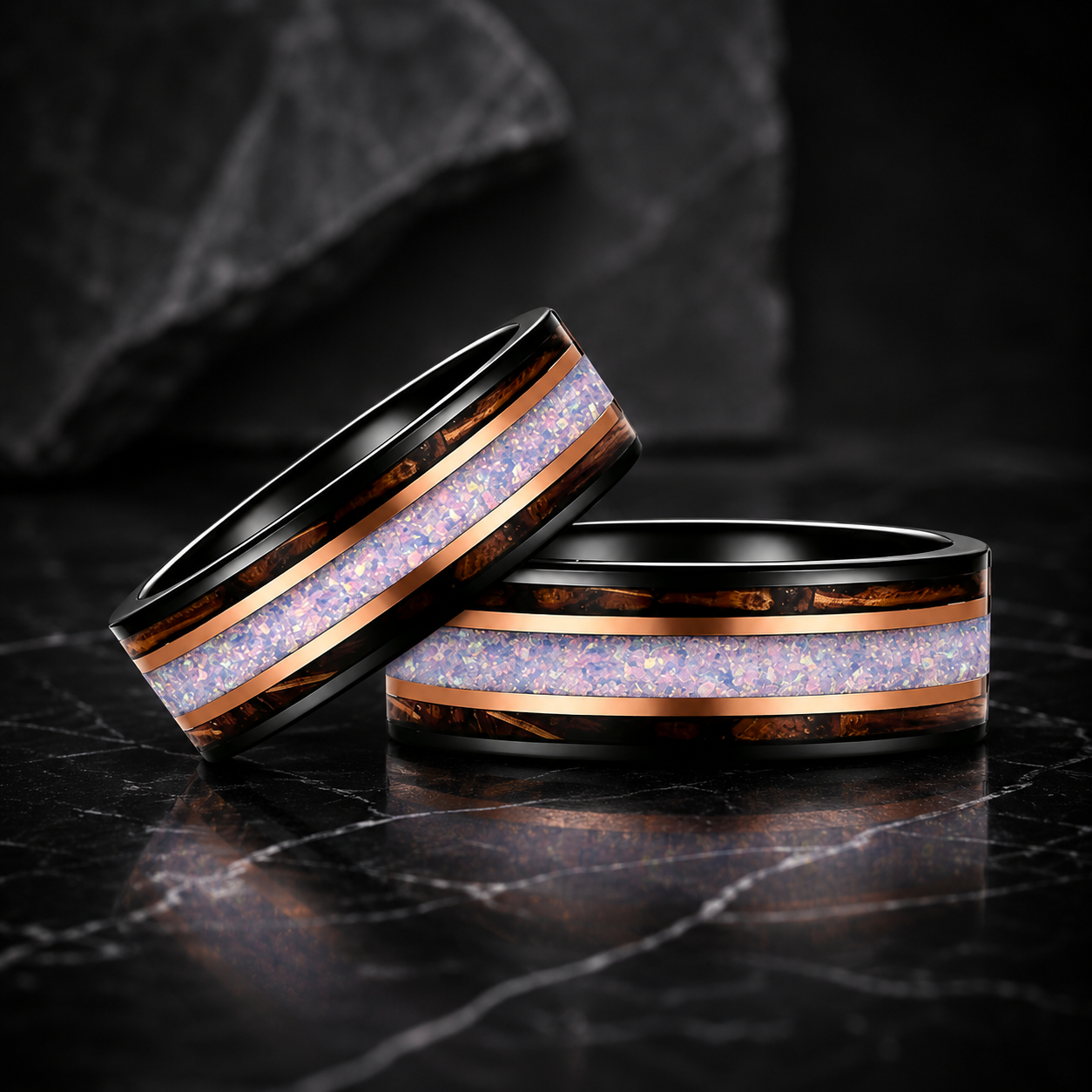 Tungsten Ring with Opal & Whiskey Barrel Wood Inlay