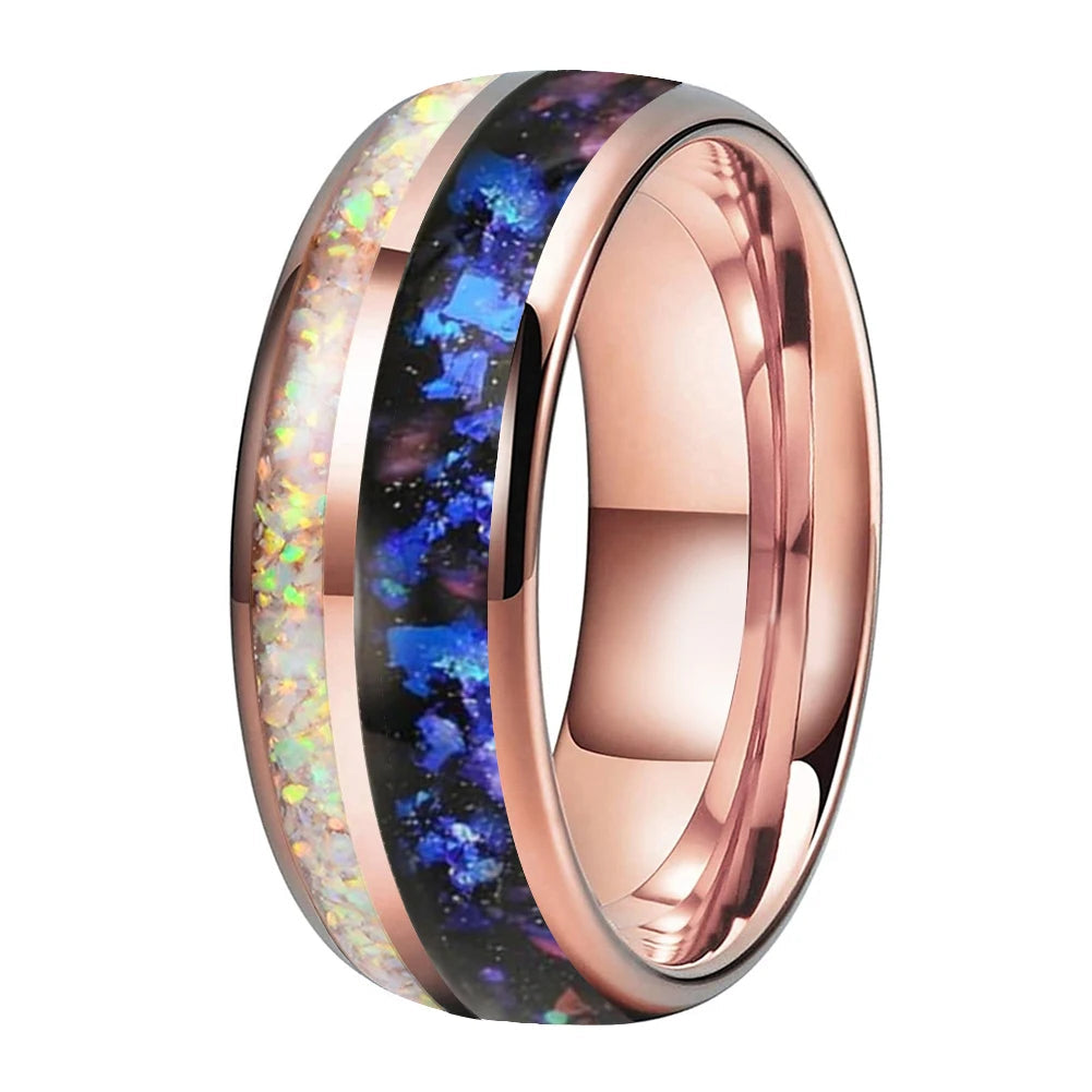 Tungsten Ring with Orion Nebula & Crushed White Opal Inlay