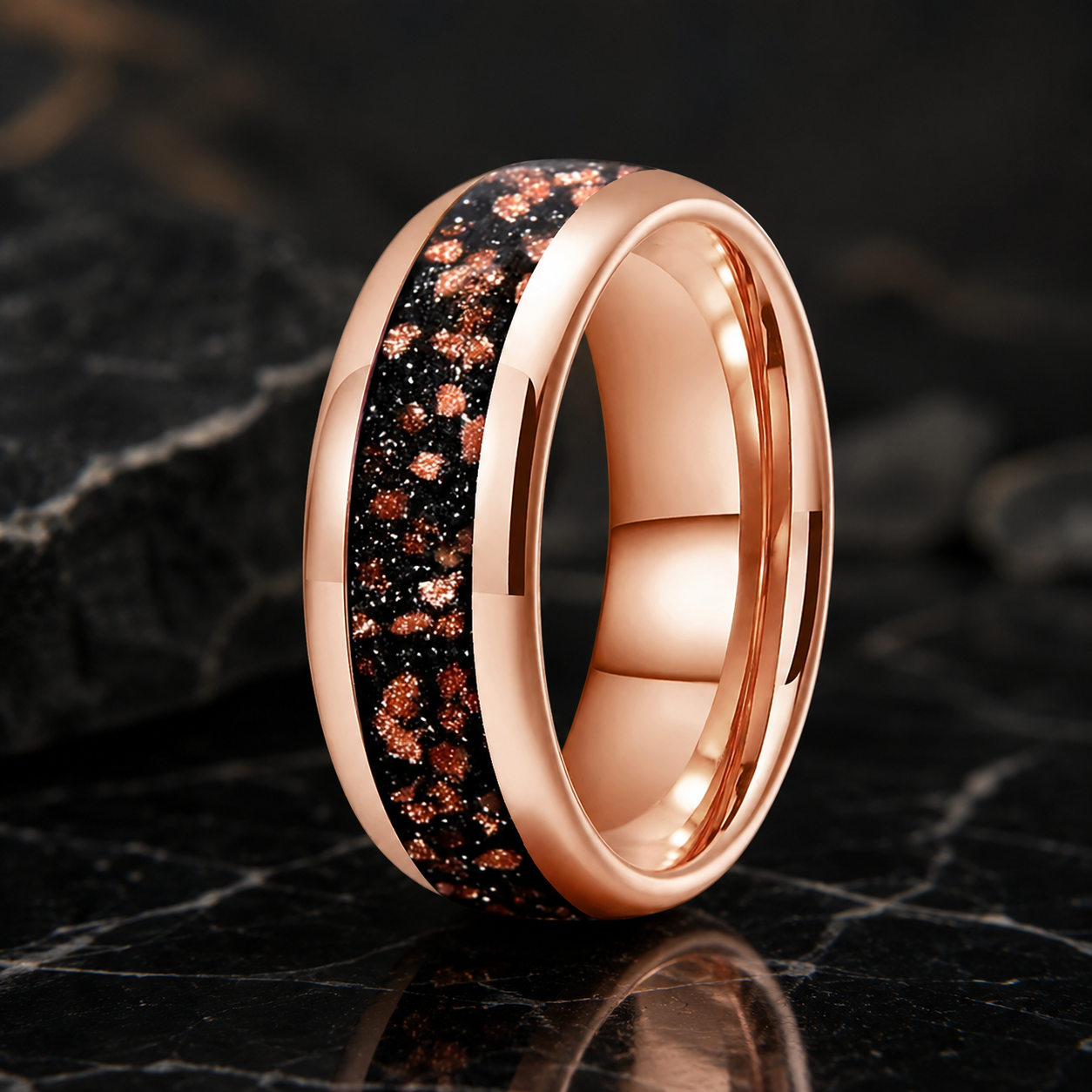 Tungsten Ring with Red Goldstone Nebula Inlay