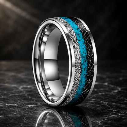 Tungsten Ring with Turquoise & Black White Meteorite Inlay