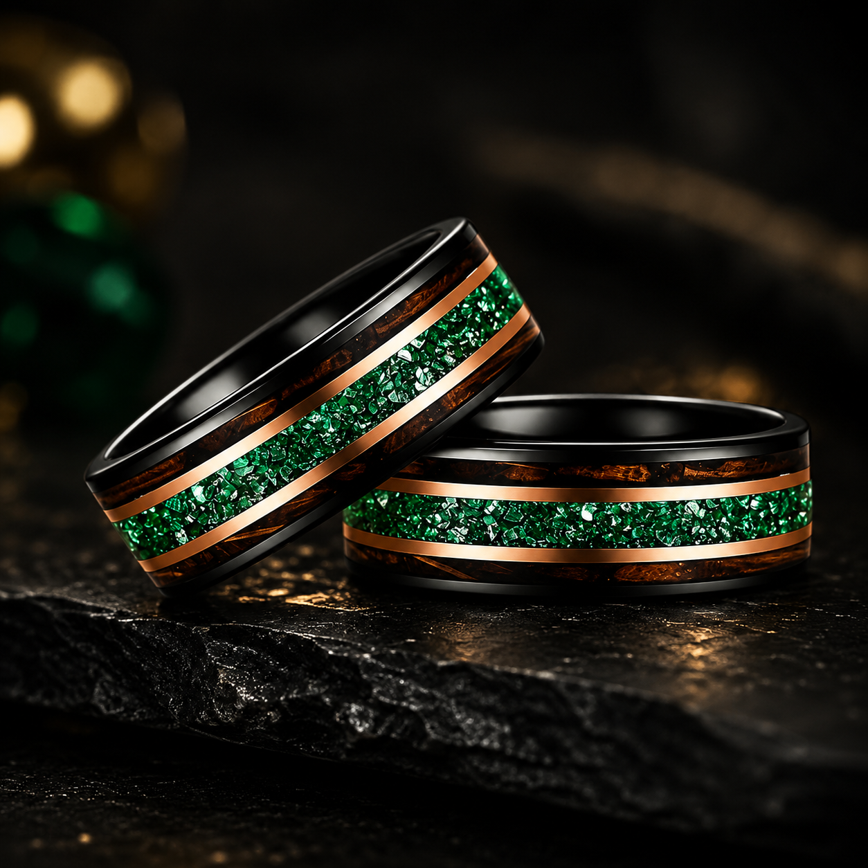 Tungsten Ring with Whiskey Barrel Wood & Rose Gold Stripes