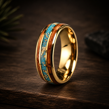 Tungsten Ring with Whiskey Barrel Wood & Turquoise Inlay