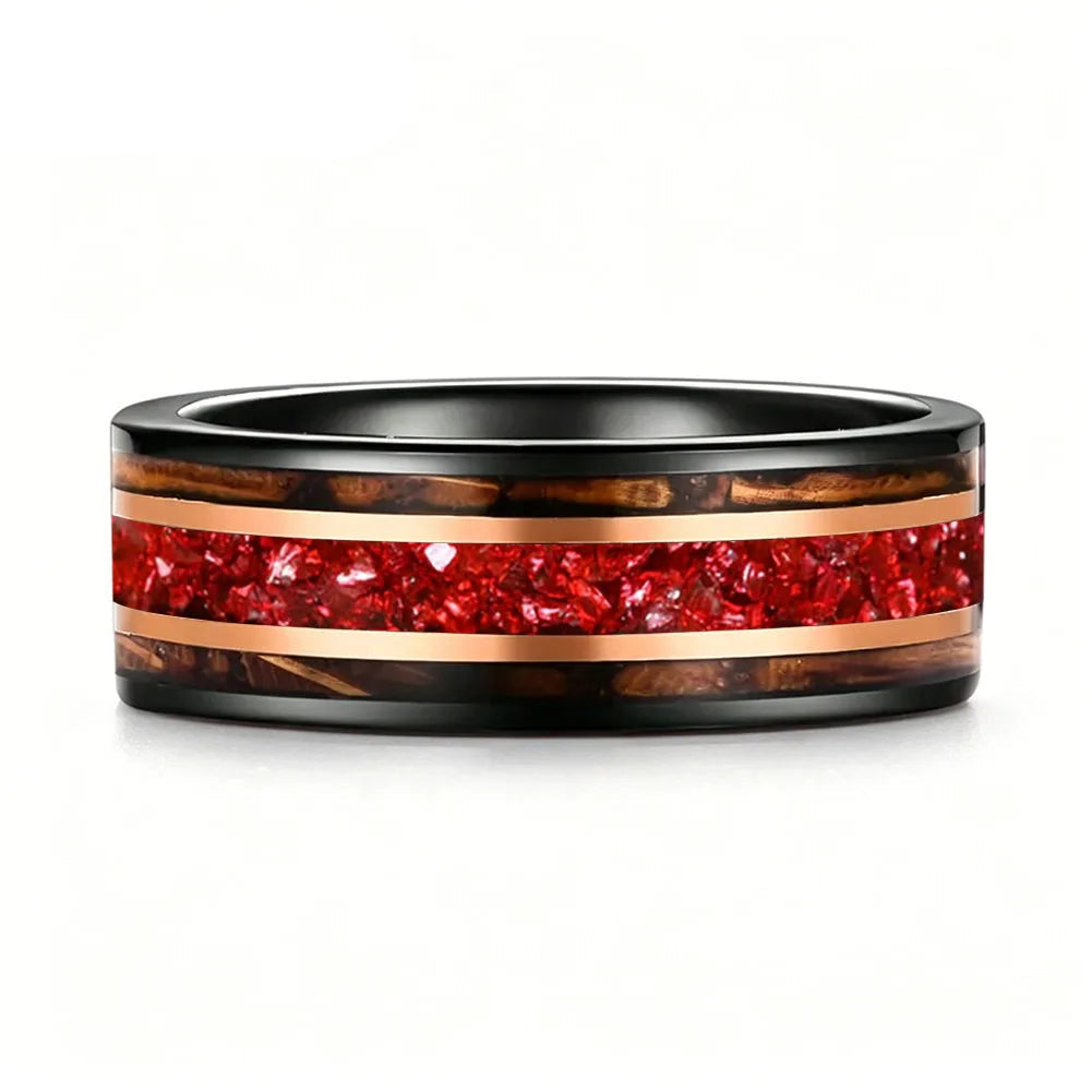 Tungsten Ring with Whiskey Barrel Wood & Rose Gold Stripes