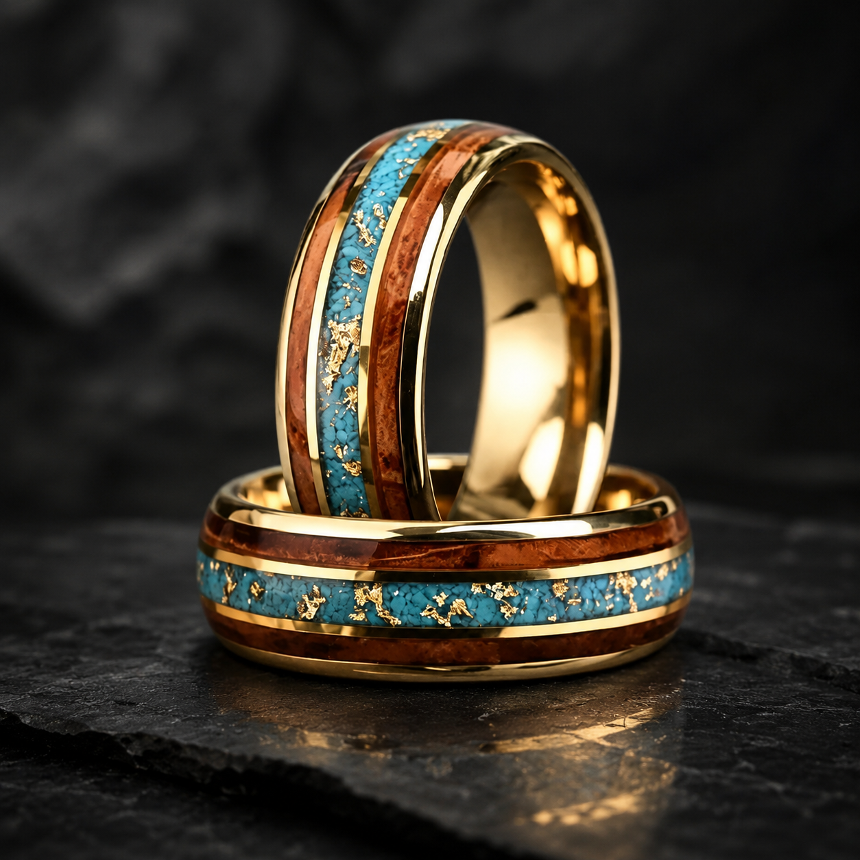 Tungsten Ring with Whiskey Barrel Wood & Turquoise Inlay