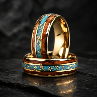 Tungsten Ring with Whiskey Barrel Wood & Turquoise Inlay