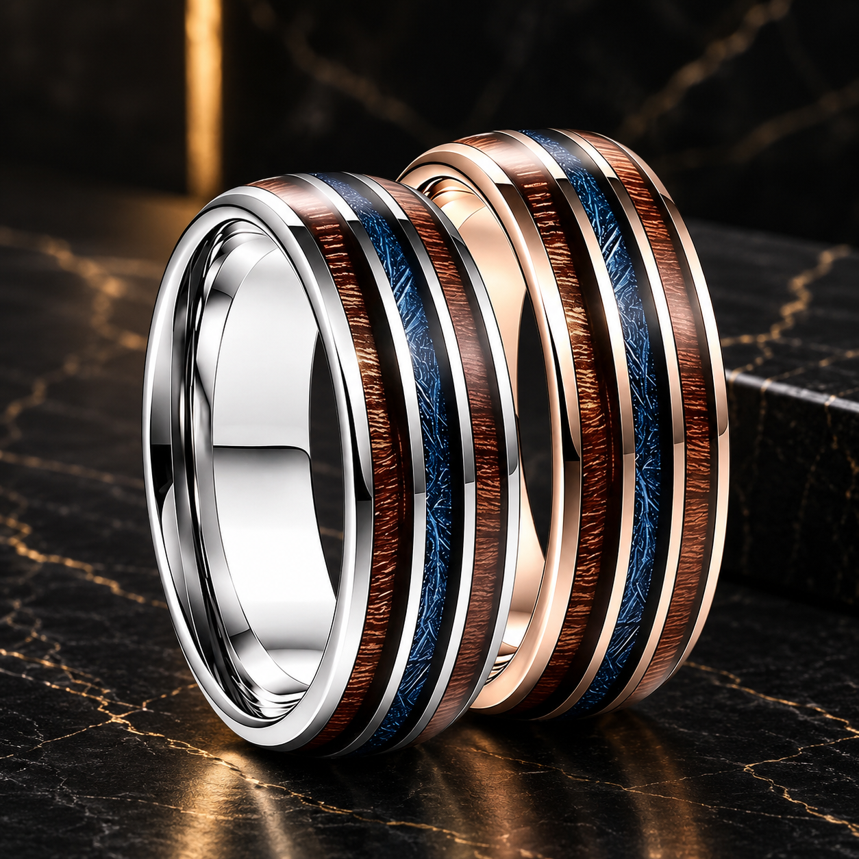 Tungsten Ring with Wood and Blue Meteorite Inlay