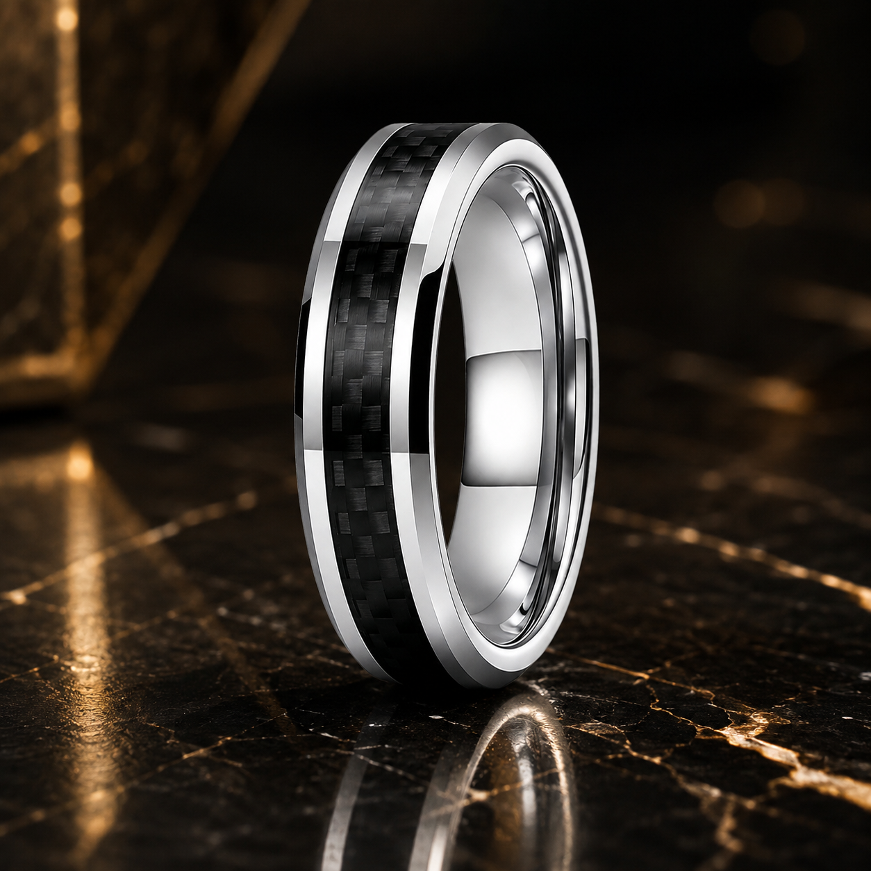 Tungsten Ring with Black Carbon Fiber Inlay