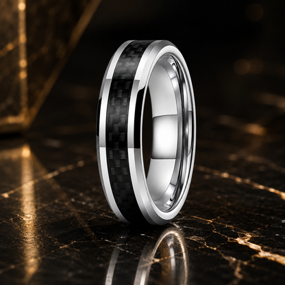 Tungsten Ring with Black Carbon Fiber Inlay