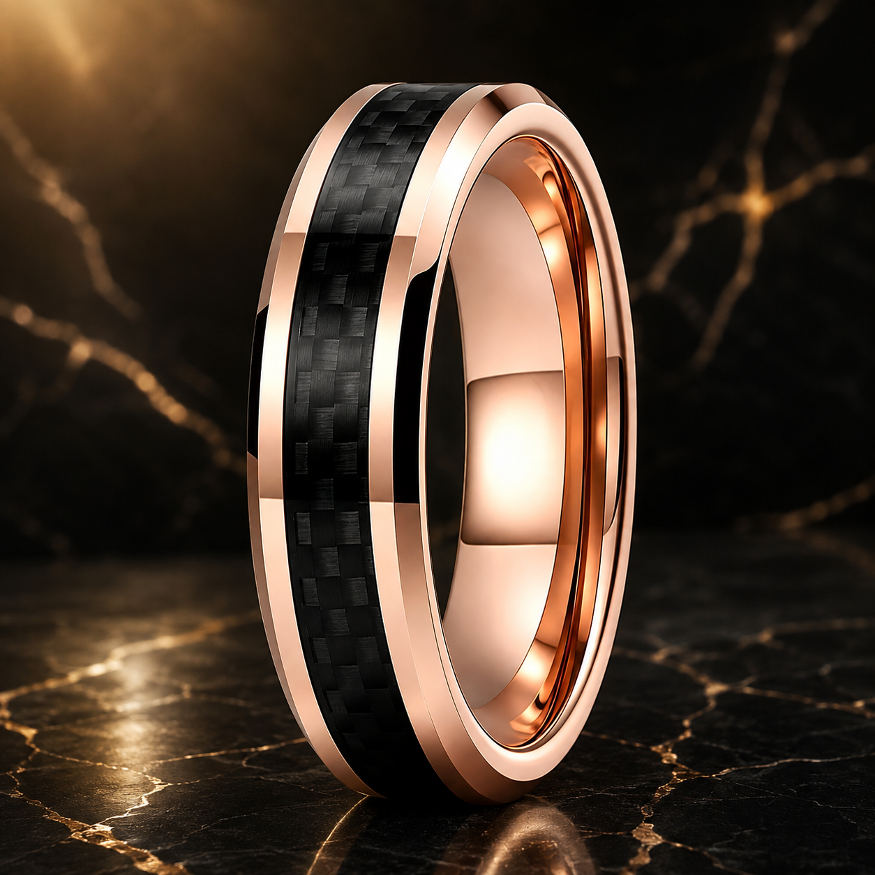Beveled Tungsten Ring with Black Carbon Fiber Inlay