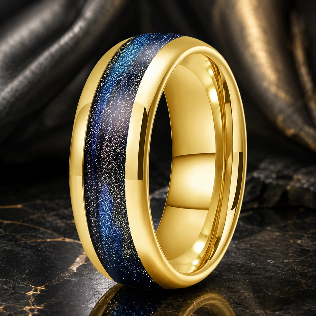 Tungsten Ring with Black Purple and Blue Flow Sand Inlay
