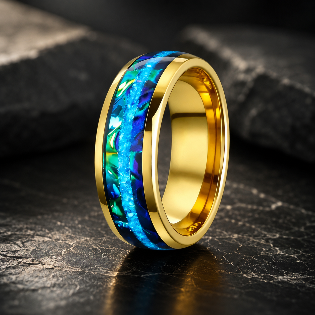 Tungsten Ring with Blue Opal & Dragon Burl Dichrolam Inlay