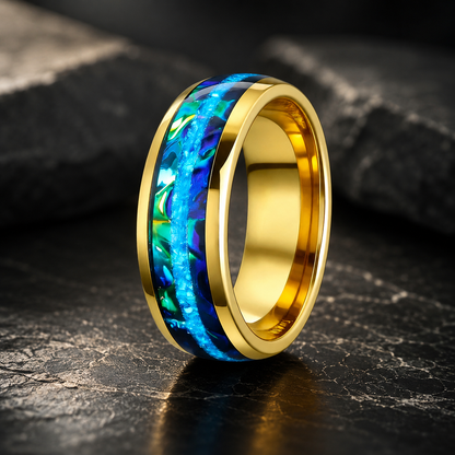 Tungsten Ring with Blue Opal & Dragon Burl Dichrolam Inlay