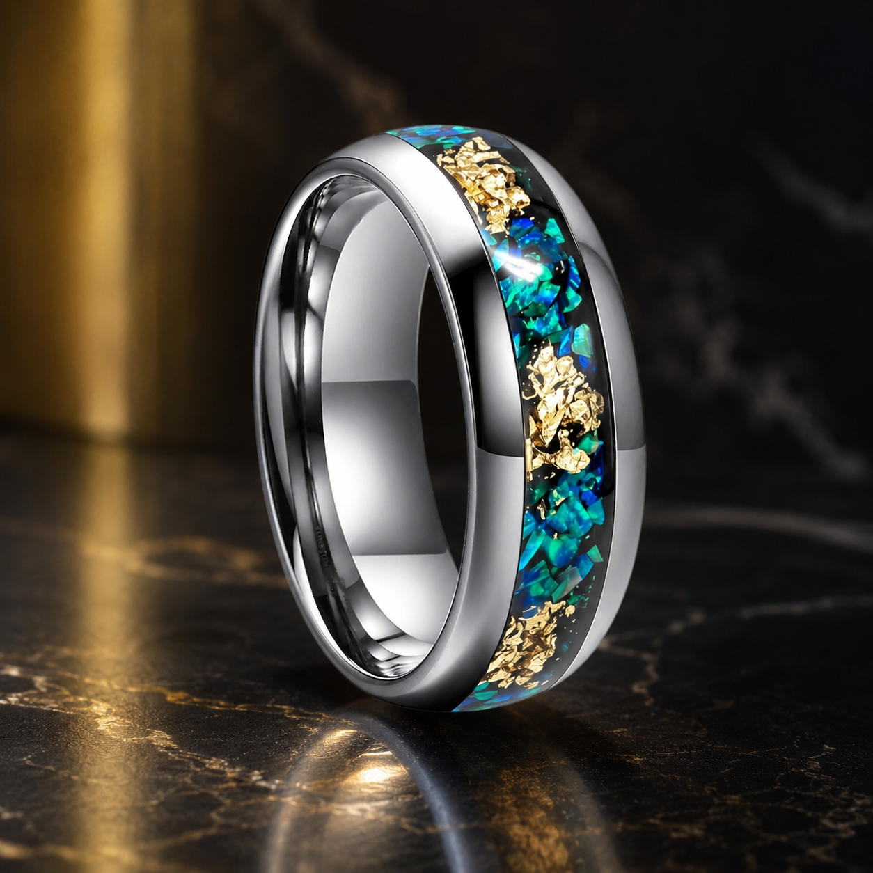 Tungsten Ring with Blue Opal and Gold Foil Inlay