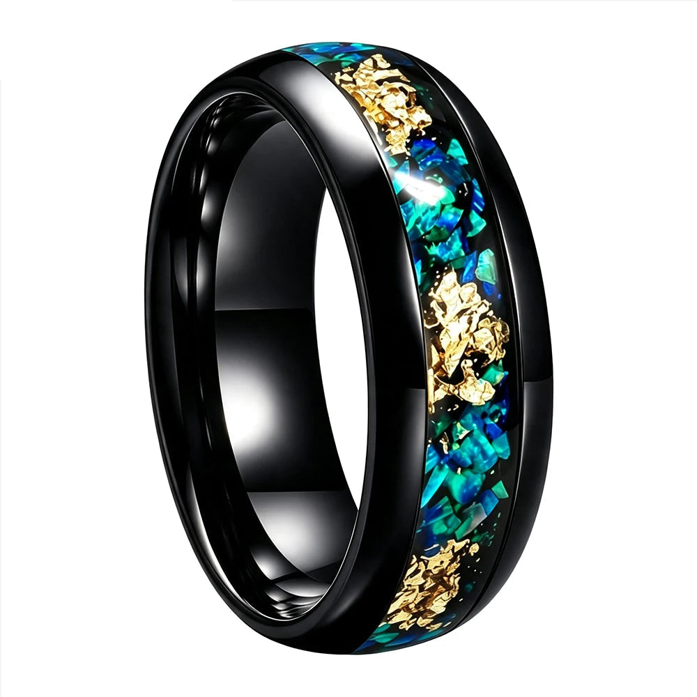 Tungsten Ring with Blue Opal and Gold Foil Inlay