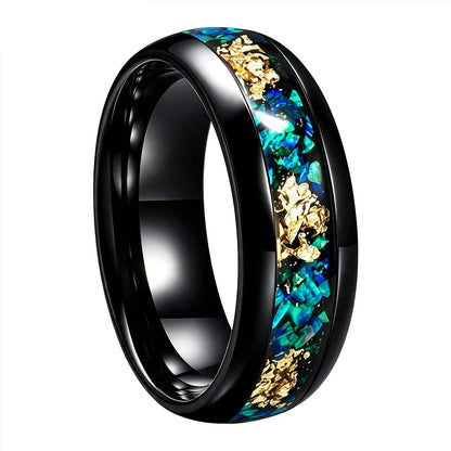 Tungsten Ring with Blue Opal and Gold Foil Inlay