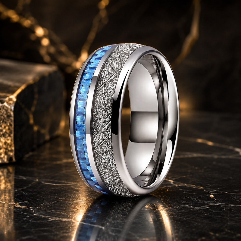 Tungsten Ring with Blue Carbon Fiber and White Meteorite Inlay
