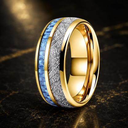 Tungsten Ring with Blue Carbon Fiber and White Meteorite Inlay
