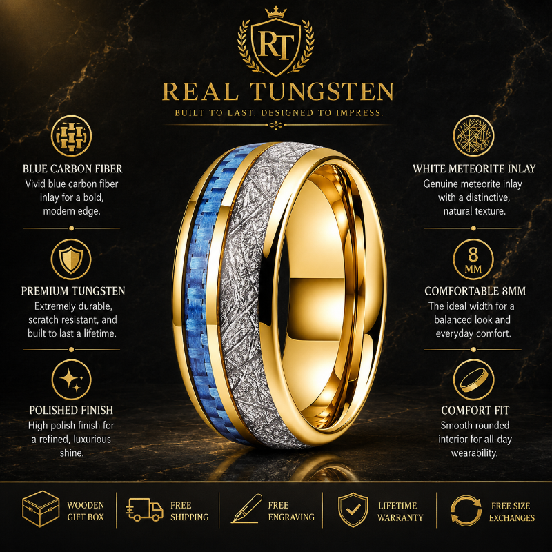 Tungsten Ring with Blue Carbon Fiber and White Meteorite Inlay