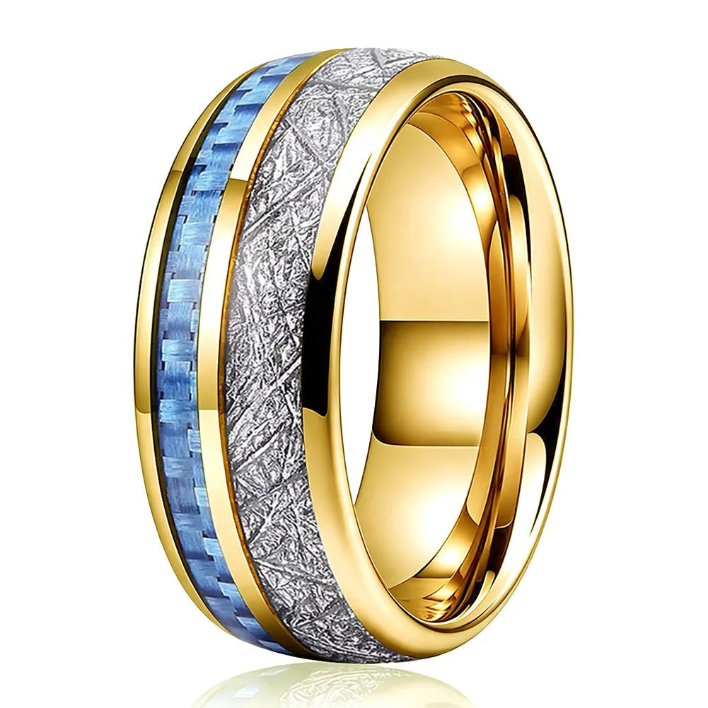Tungsten Ring with Blue Carbon Fiber and White Meteorite Inlay