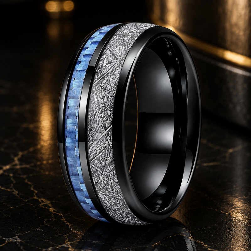 Tungsten Ring with Blue Carbon Fiber and White Meteorite Inlay