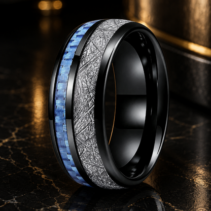 Tungsten Ring with Blue Carbon Fiber and White Meteorite Inlay