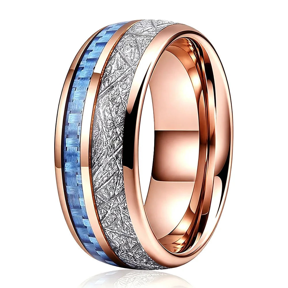 Tungsten Ring with Blue Carbon Fiber and White Meteorite Inlay