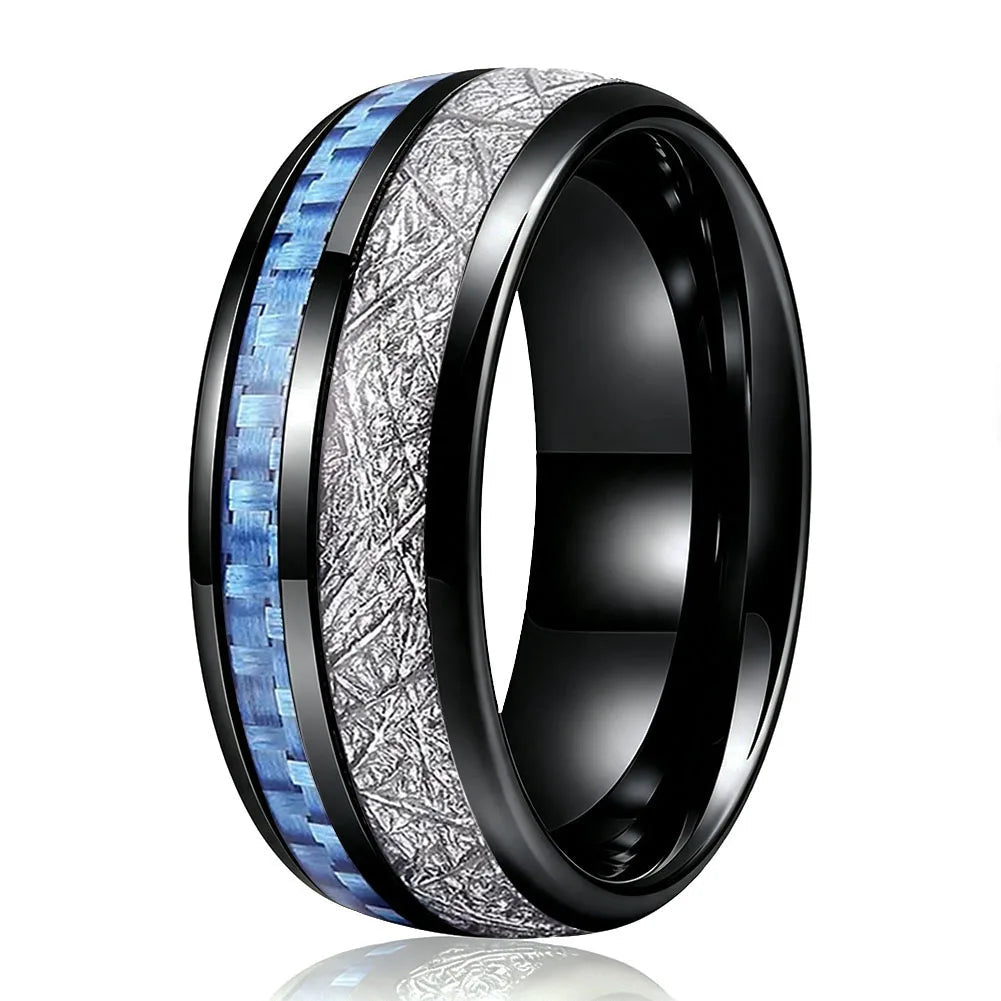 Tungsten Ring with Blue Carbon Fiber and White Meteorite Inlay